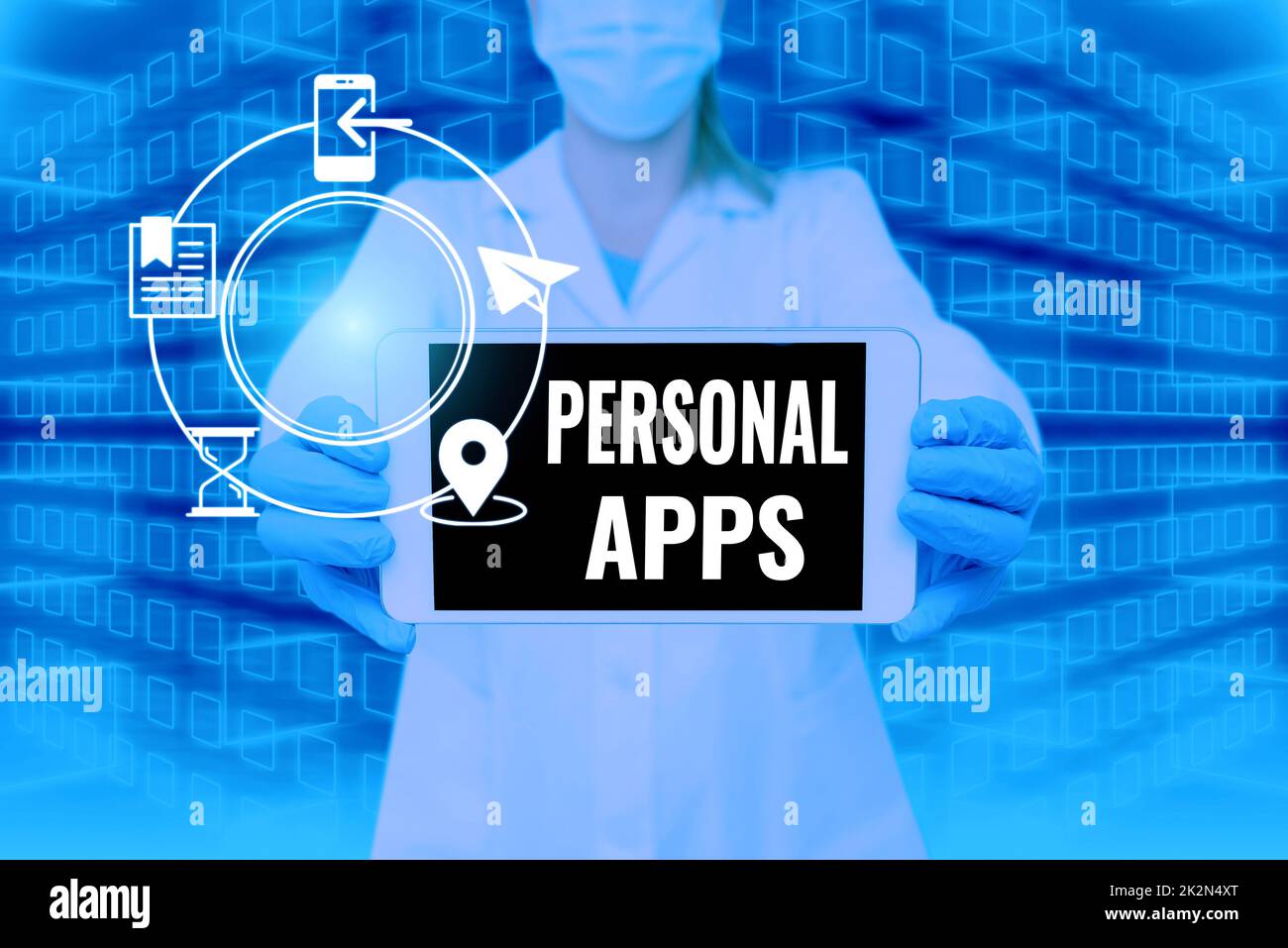 Légende conceptuelle applications personnelles. Mot écrit sur l'organisateur Calendrier en ligne informations privées données infirmier tenant la tablette symbolisant les succès de travail d'équipe. Banque D'Images