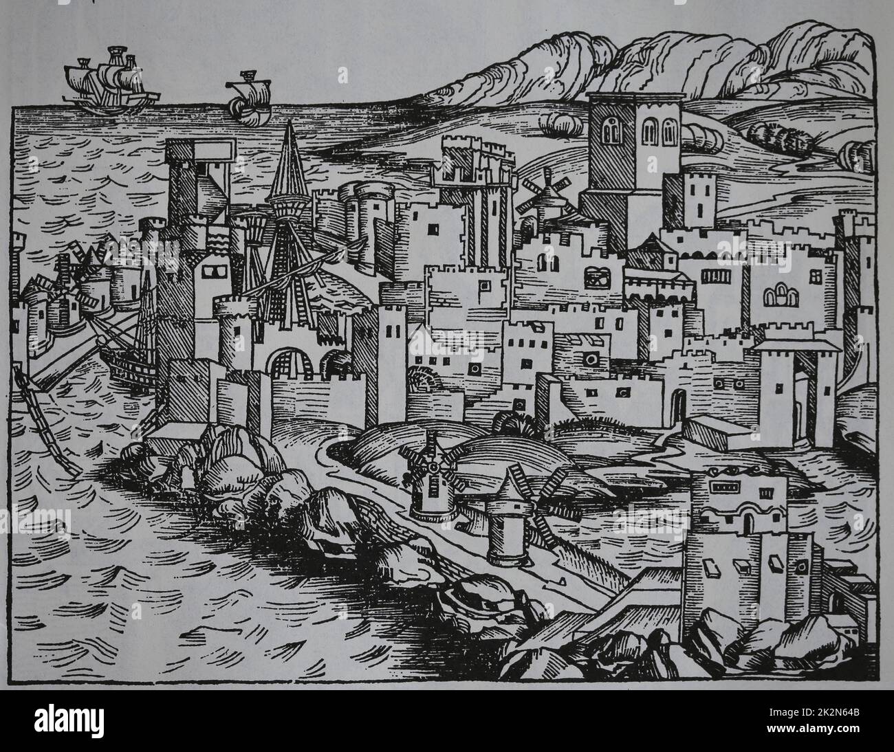 Rhodes. Port et moulins. Gravure. La chronique de Nuremberg, 15th siècle. Banque D'Images
