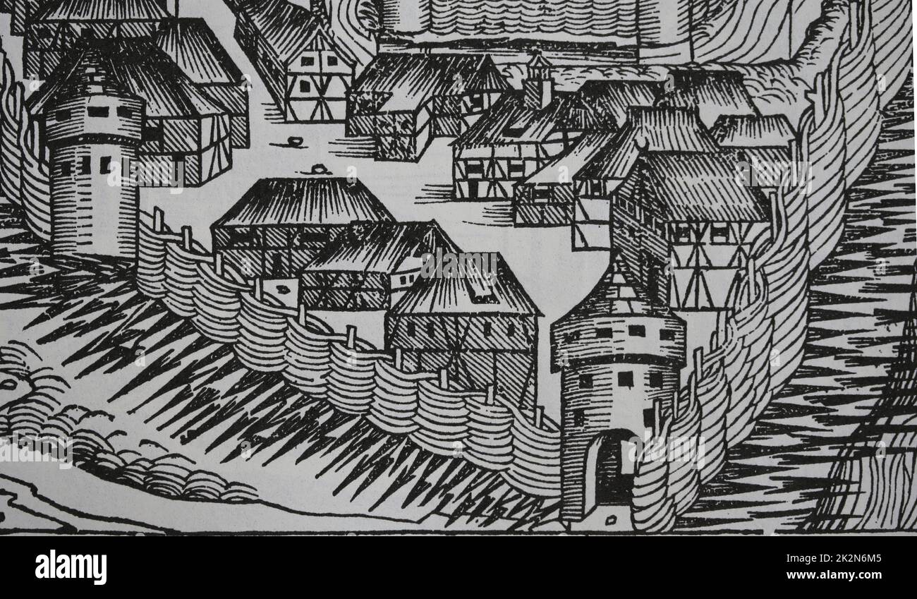Sabatz (ancien Zaslon). La forteresse turque. Gravure de la chronique de Nuremberg, 15th siècle. Banque D'Images