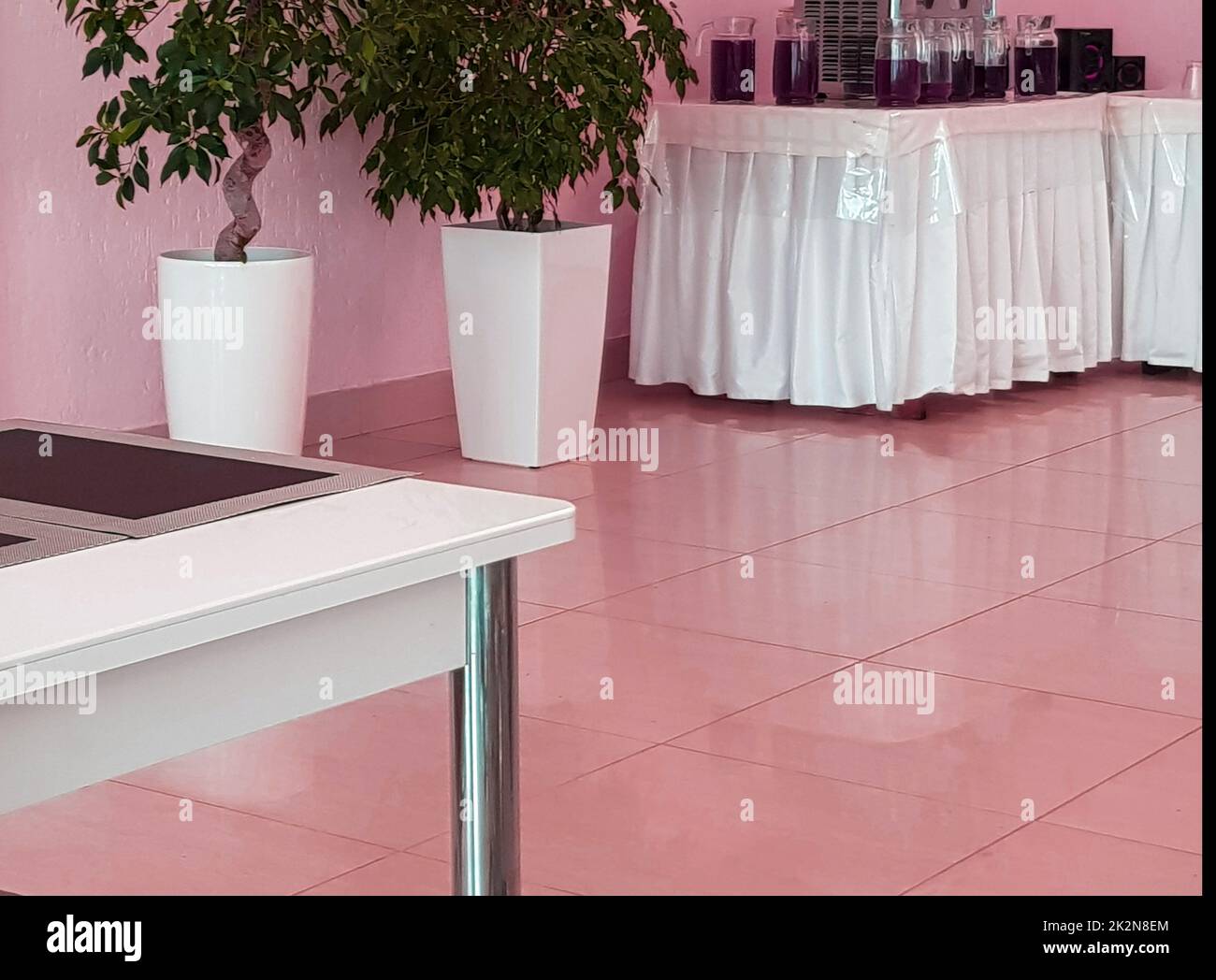 Intérieur moderne et élégant de la salle à manger avec des tables et des chaises, beaucoup de cruches de verre avec du jus de fruits rouges et du vin Banque D'Images