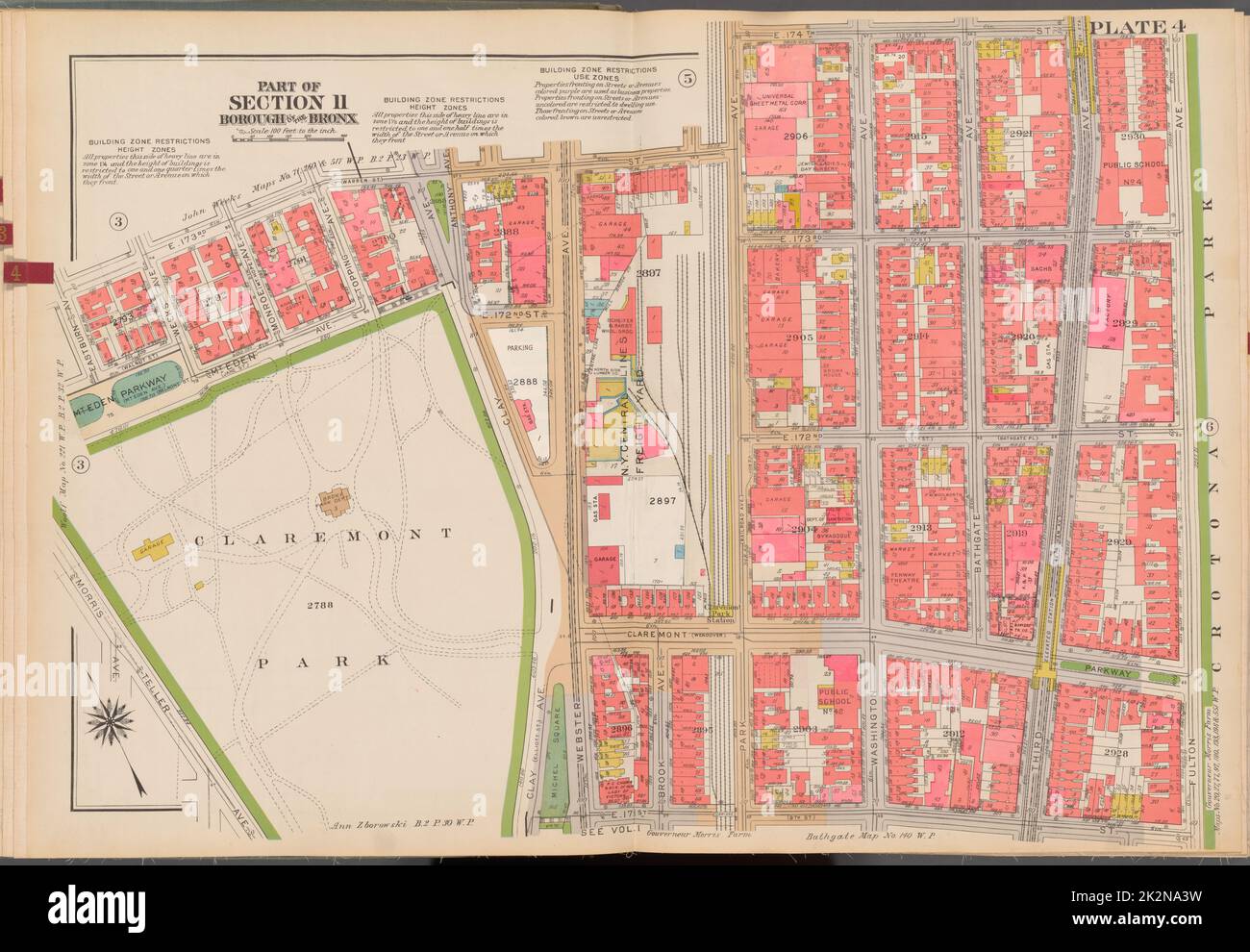 Cartographic, Maps. 1938 - 1957. Lionel Pincus and Princess Firyal Map Division. Real property , New York (State) , New York (N.Y.), Bronx (New York, N.Y.) , Maps Double Page Plate No. 4, Part of Section 11, Borough of the Bronx: Bounded by E. 173rd Street, Park Avenue, E. 174th Street, (Crotona Park) Fulton Avenue, E. 171st Street, Claremont Park, Teller Avenue, Morris Avenue, Mt. Eden Parkway and Eastburn Avenue Banque D'Images