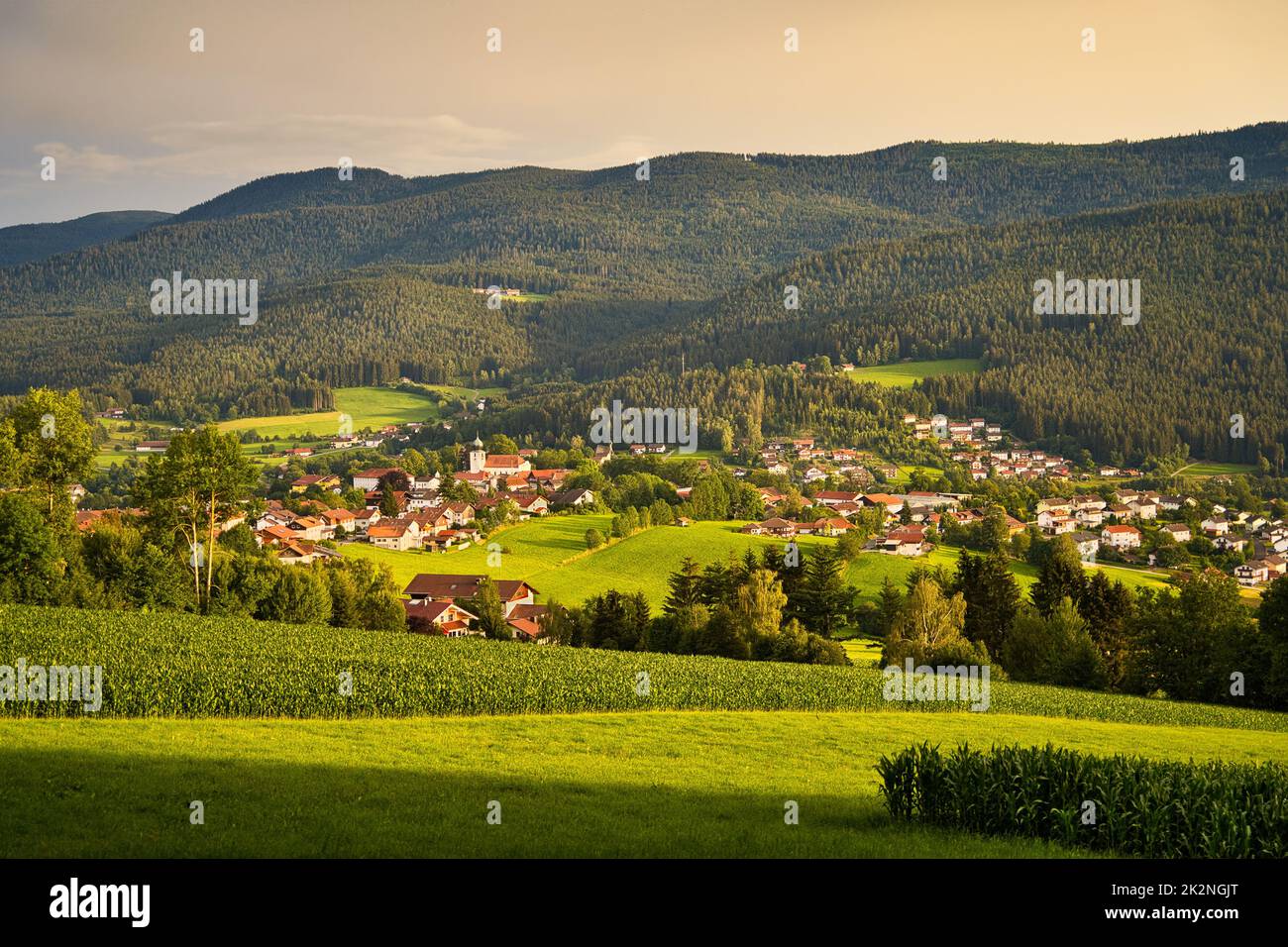 Lam, une petite ville de la forêt bavaroise dans le Haut-Palatinat avec une lumière spectaculaire après un orage. Banque D'Images