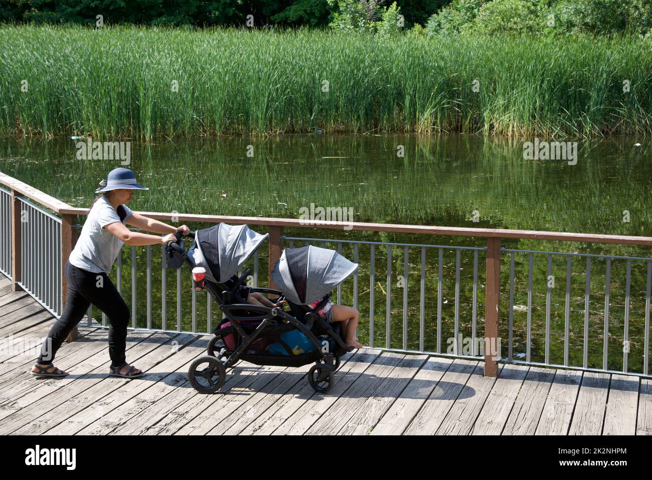 Toronto, Ontario / Canada - 07/15/2022: Mère active portant un chapeau poussant une poussette dans le parc Banque D'Images
