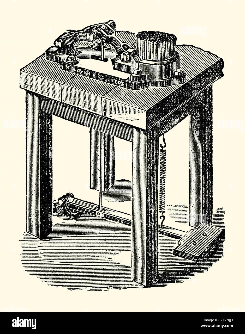 Une ancienne gravure victorienne d'un petit bois de chauffage breveté "Excelsior", fabriqué par Glover and Co, Dewsbury Road, Leeds, West Yorkshire, Angleterre, ROYAUME-UNI. Il est d'un livre de 1890. Le travailleur comprime les paquets de bois de chauffage sur le plateau de la table par une pédale. Le faisceau peut alors être attaché à la main. Banque D'Images