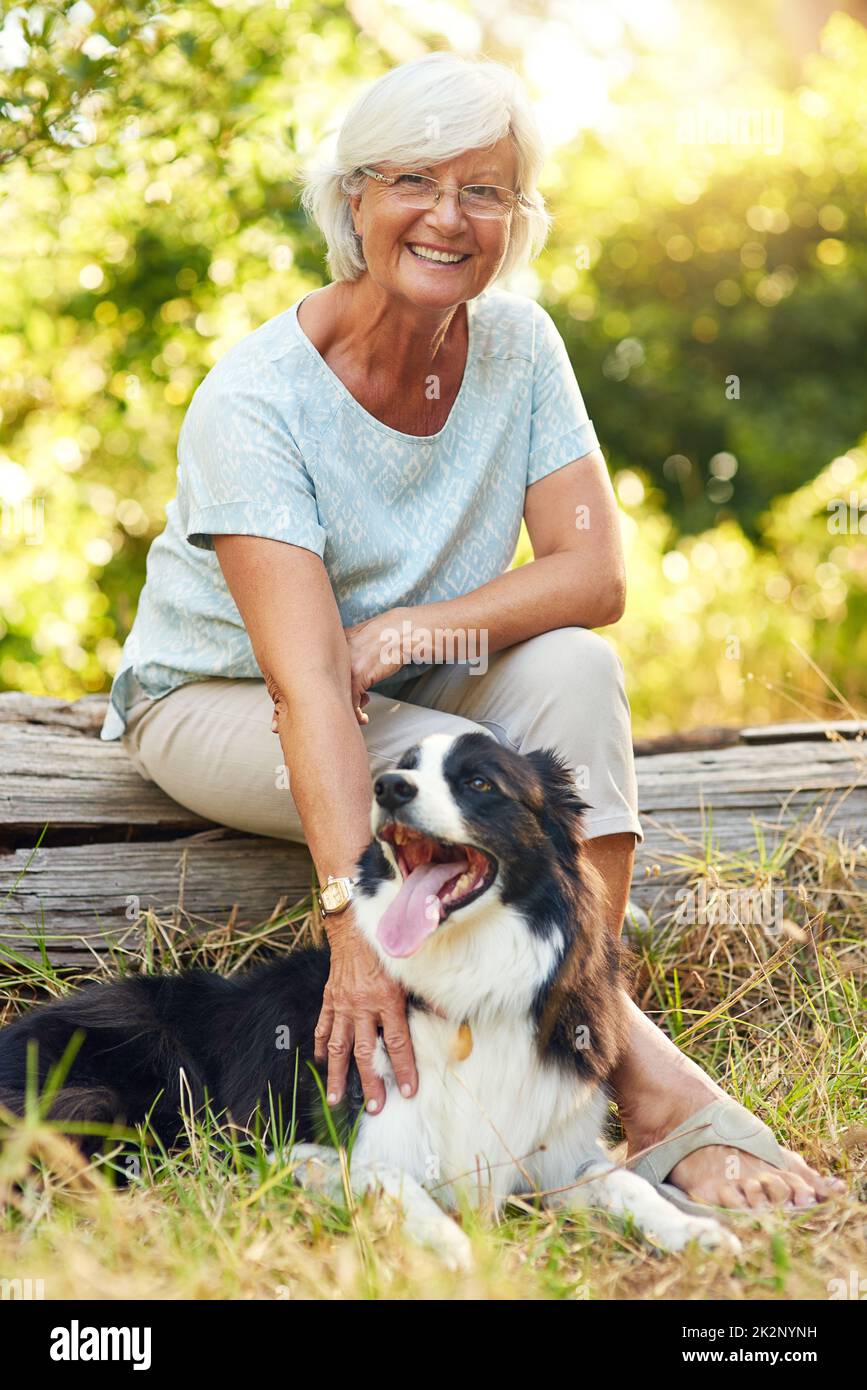 Le compagnon idéal pour la retraite. Portrait d'une femme âgée heureuse qui se détend dans un parc avec son chien. Banque D'Images