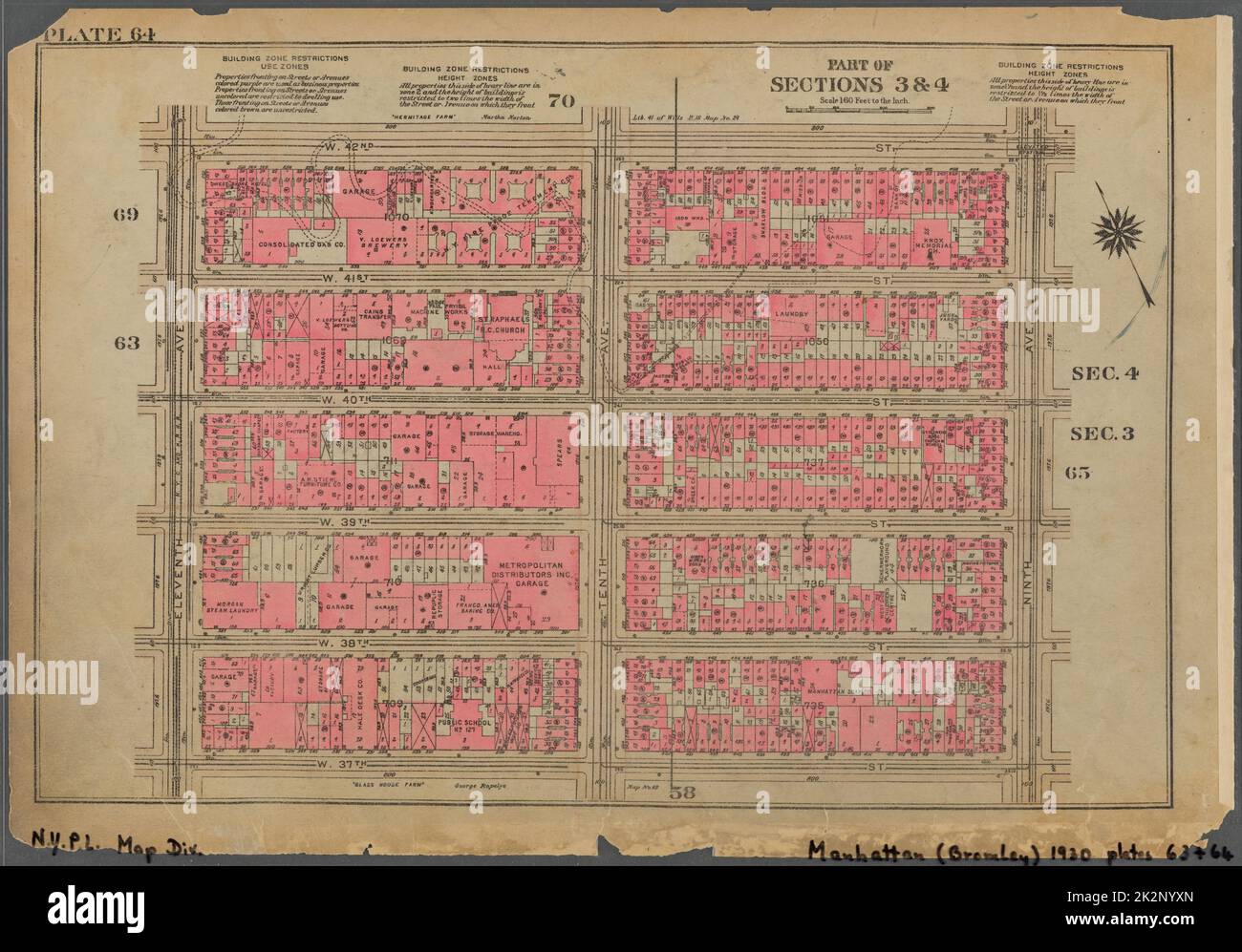 Cartographie, cartes. 1930. Lionel Pincus et Princess Firyal Map Division. Immobilier , New York (État) , New York, Manhattan (New York, New York) Plaque 64, partie des sections 3 et 4 : délimitée par la rue W. 42nd, la neuvième avenue, la rue W. 37th et la onzième avenue Banque D'Images