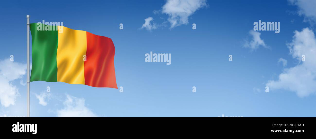 Drapeau du Mali isolé sur un ciel bleu. Bannière horizontale Banque D'Images