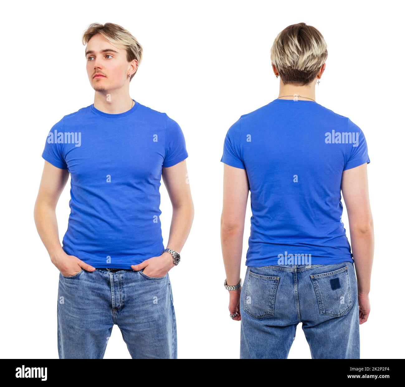 Jeune homme posant avec une chemise bleue vierge Banque D'Images