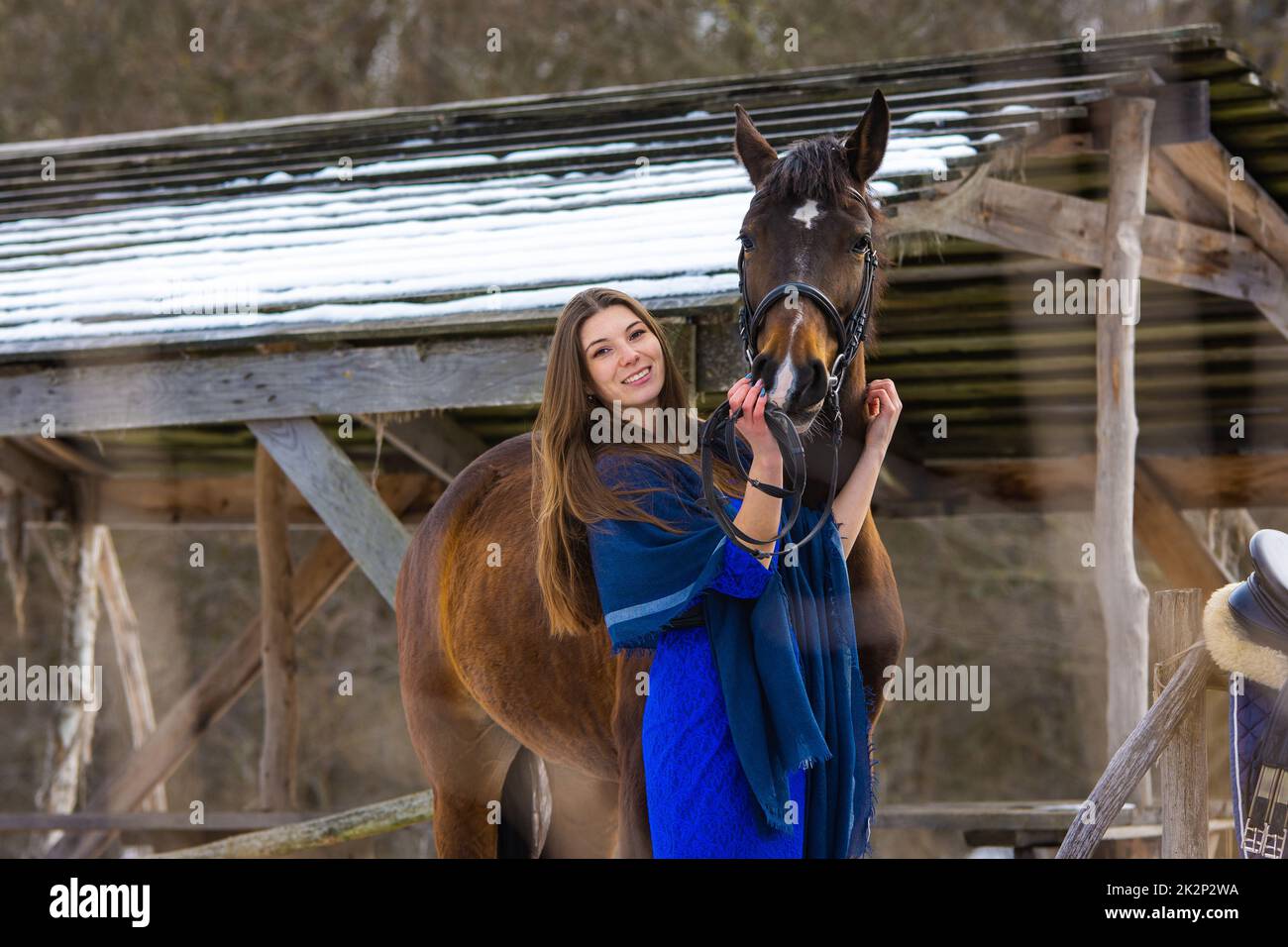 Une fille vêtir d'une robe bleue embrasse un cheval sur fond d'une verrière enneigée dans la forêt Banque D'Images