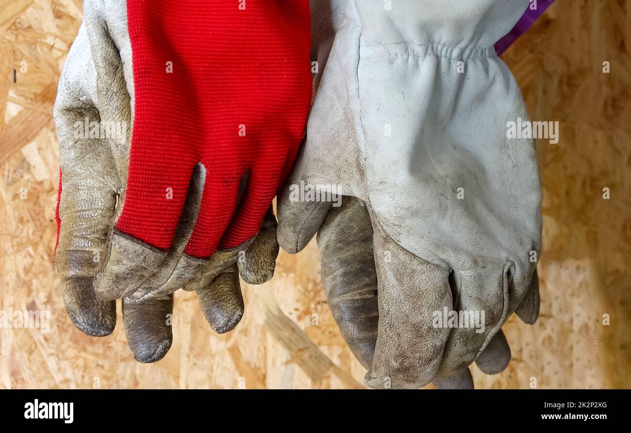 Deux vieilles paires de gants de travail en cuir sont accrochées devant un arrière-plan en bois. Banque D'Images