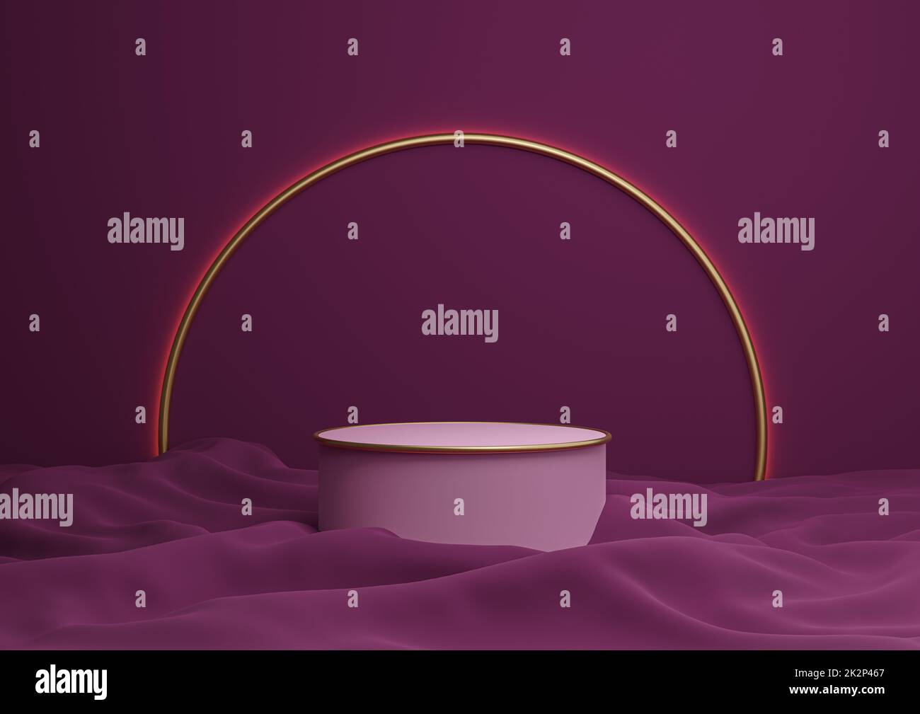 Magenta foncé, violet 3D rendant luxueux affichage de produit podium ou stand composition minimale avec ligne de voûte dorée en arrière-plan et lumière Banque D'Images
