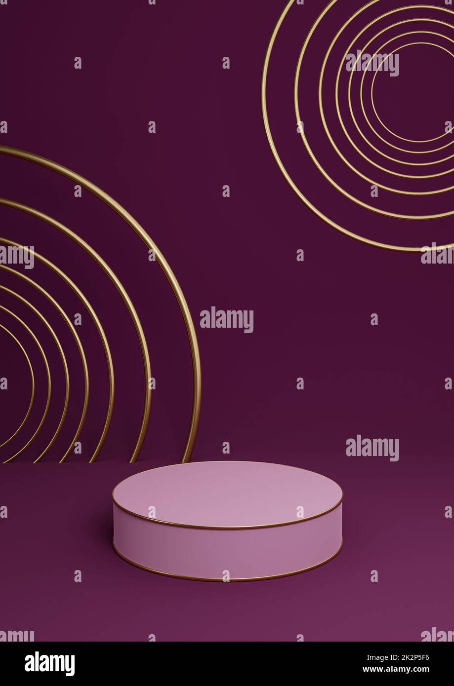 Magenta foncé, violet 3D rendu minimal produit afficher luxe cylindre podium ou produit fond résumé composition avec lignes et cercles dorés Banque D'Images