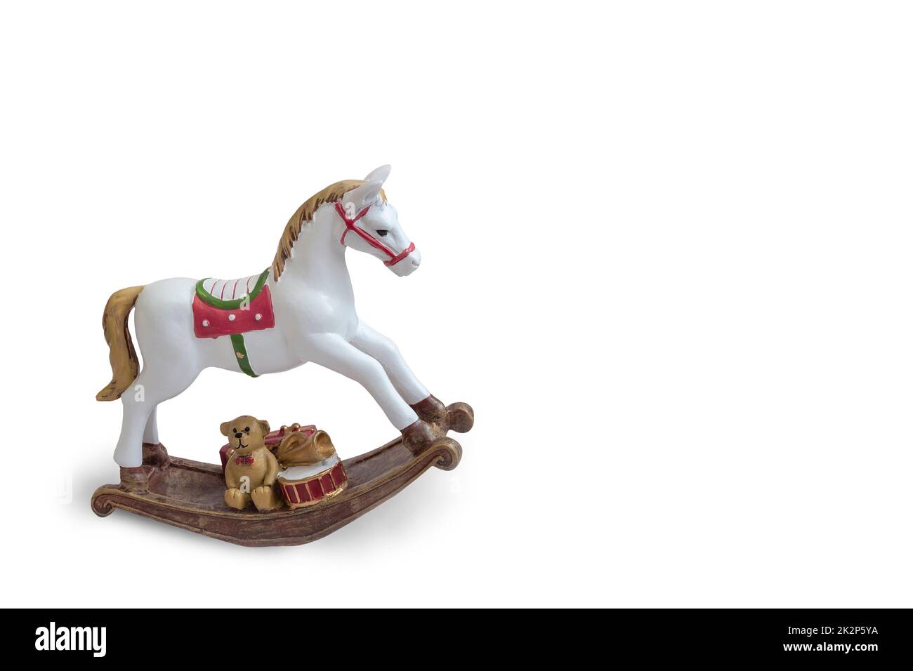 Jouet pour enfants : un cheval blanc sur une chaise à bascule Banque D'Images