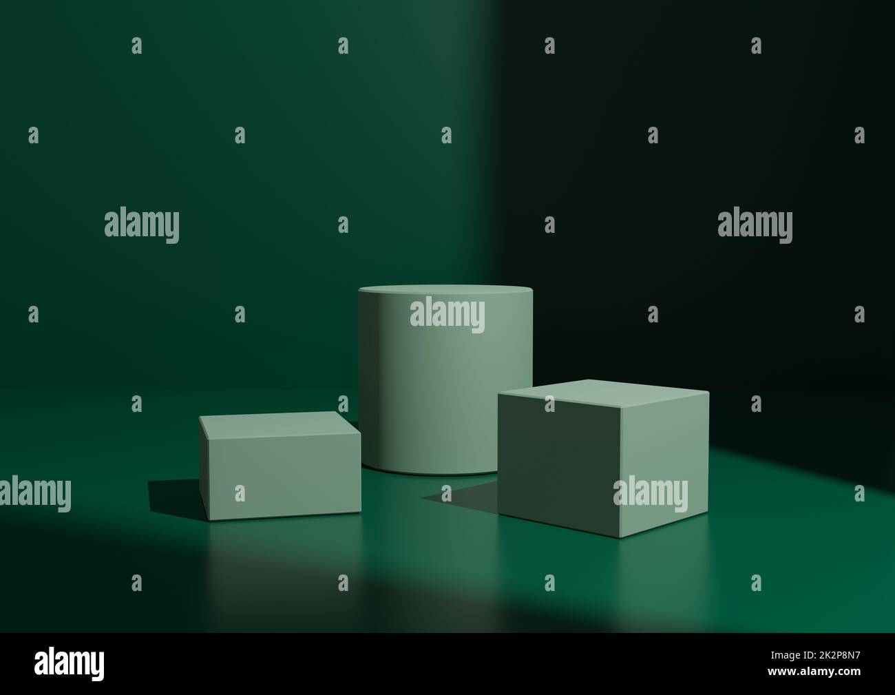 Simple minimum vert foncé trois Podium ou composition du support pour l'affichage du produit. Forme géométrique 3D rendu de l'arrière-plan avec lumière de la fenêtre du côté droit. Banque D'Images