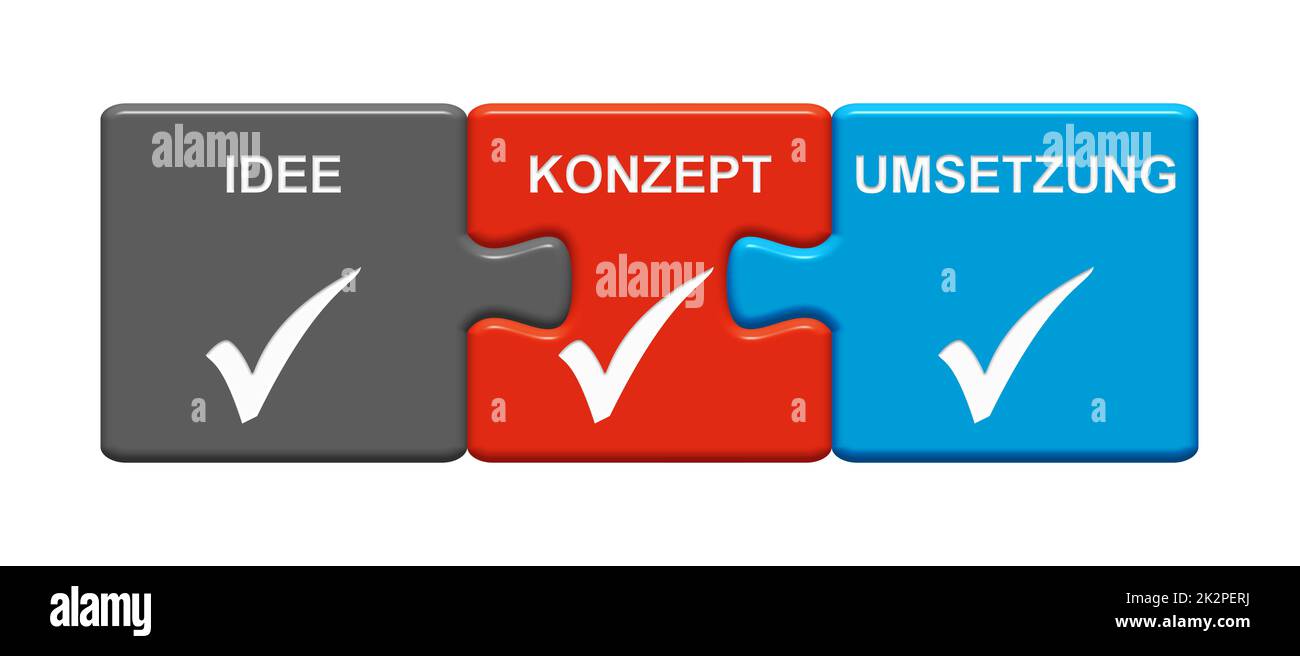 Puzzle bouton: Idée, concept, mise en œuvre allemand - 3D Illustration Banque D'Images