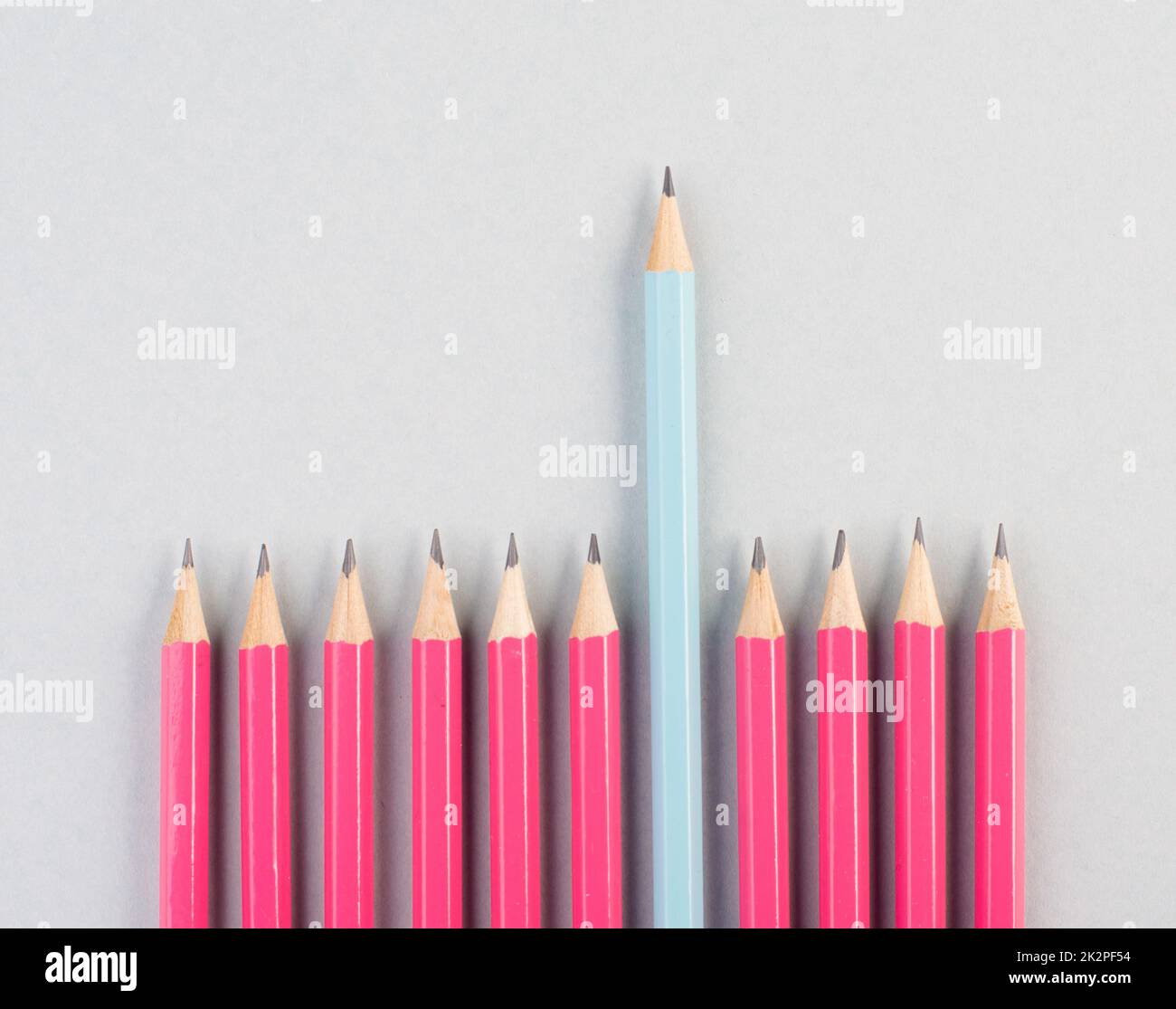 Crayons roses dans une rangée, un stylo bleu se distingue, être différent, leadership et le concept de travail d'équipe Banque D'Images