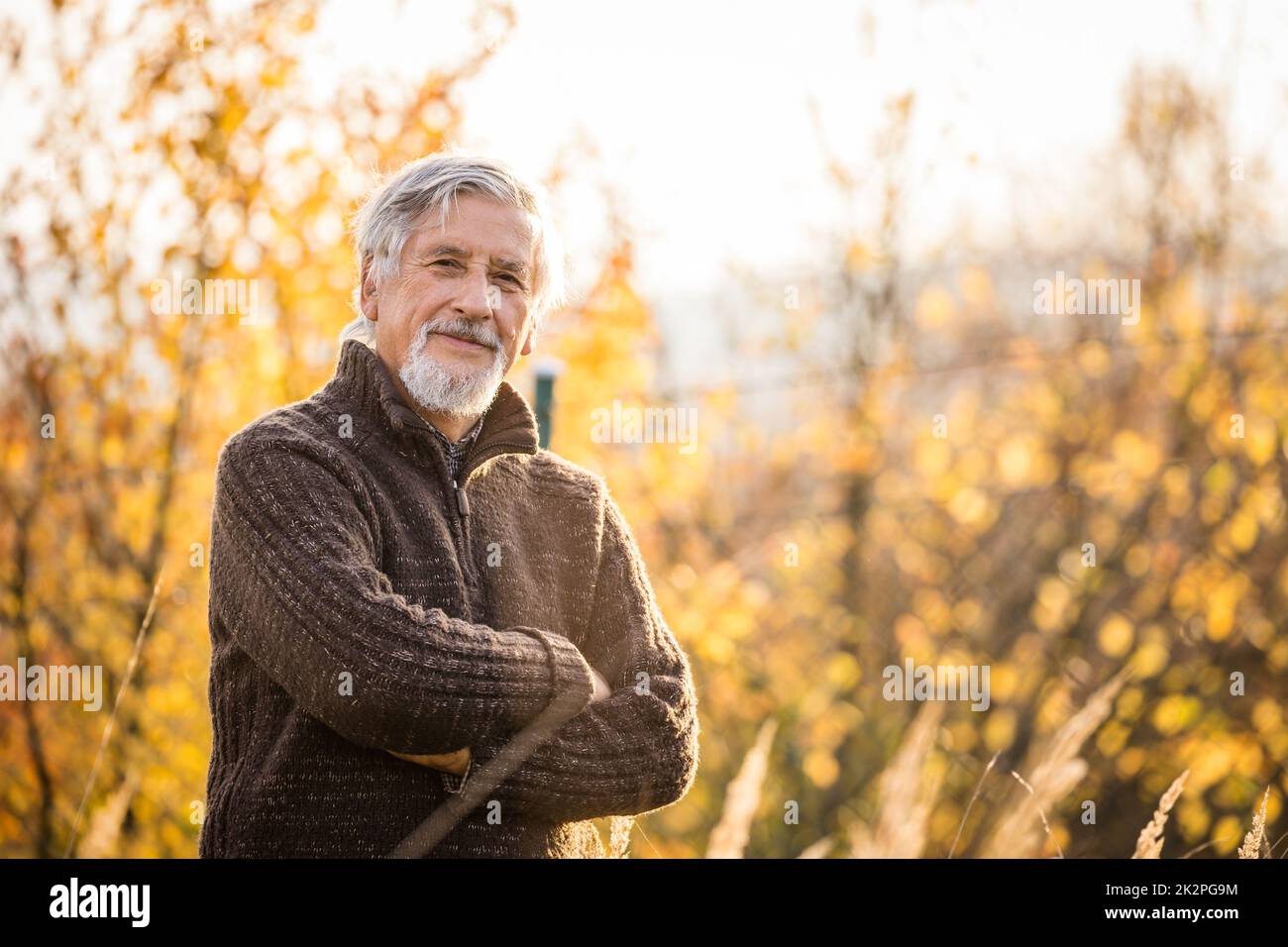 Homme senior heureux appréciant une journée d'automne lovele en plein air Banque D'Images