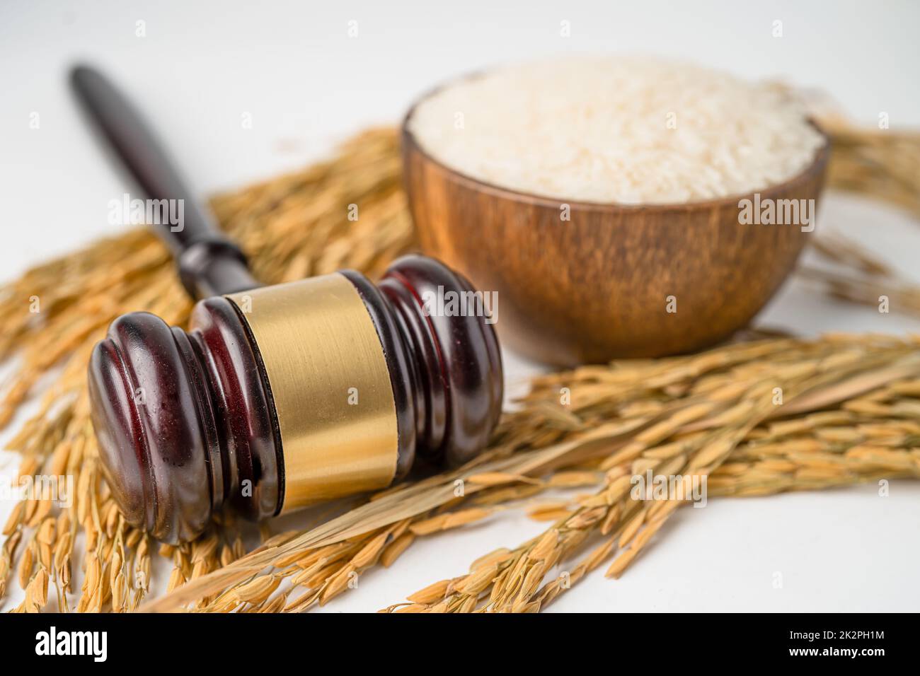 Juge marteau de gavel avec du riz bon grain de ferme agricole. Droit et justice concept de tribunal. Banque D'Images