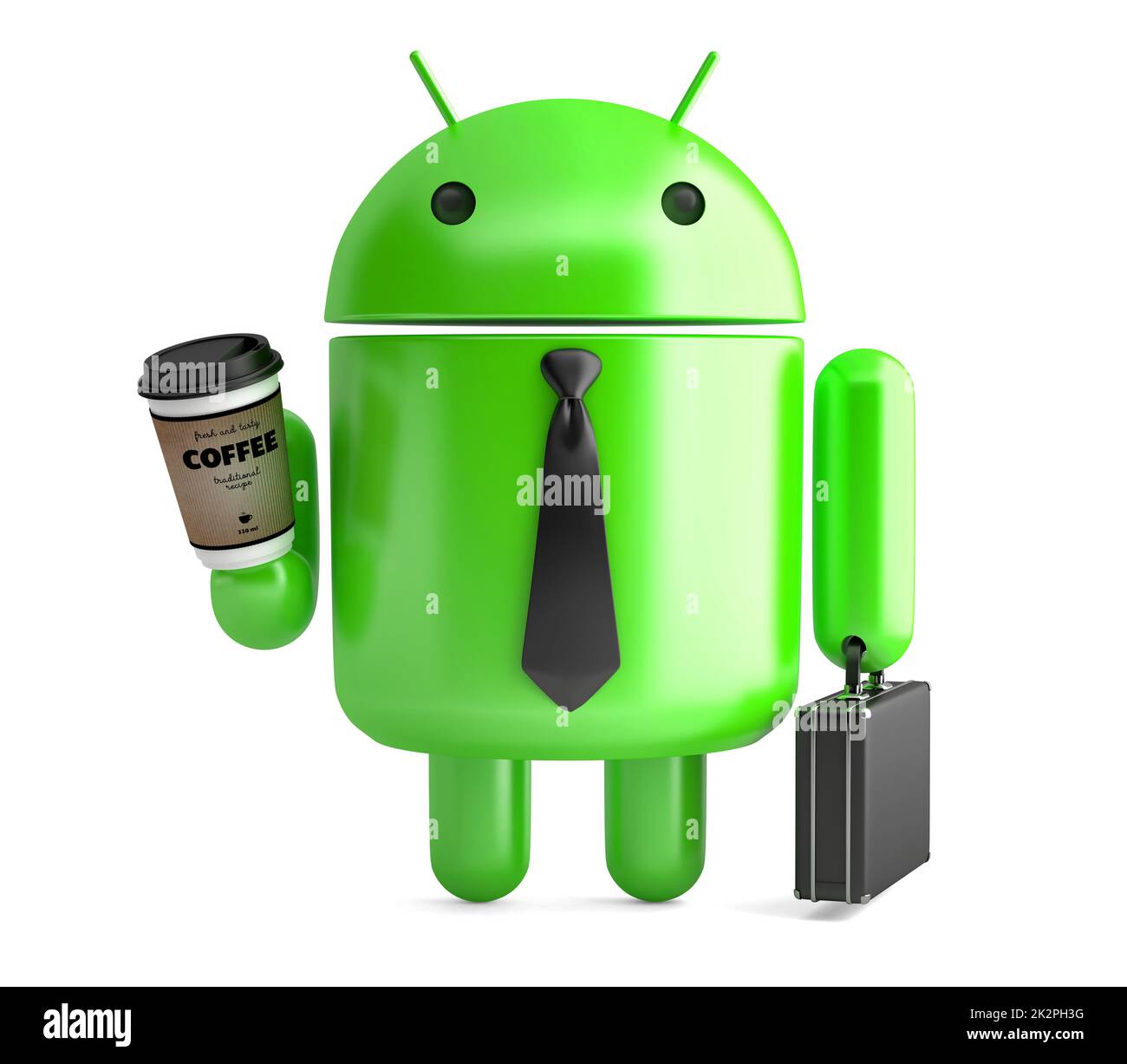 Android avec café et mallette. Illustration 3D. Isolé. Rédactionnel. 15 juillet 2021 Banque D'Images