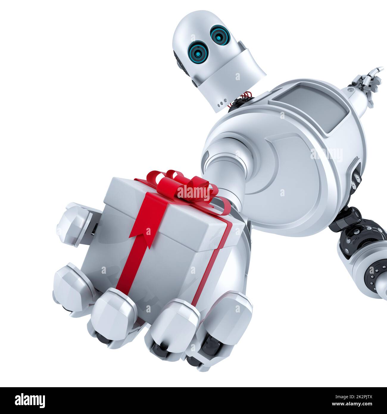 Robot donnant une boîte cadeau. Isolé. Contient un masque Banque D'Images