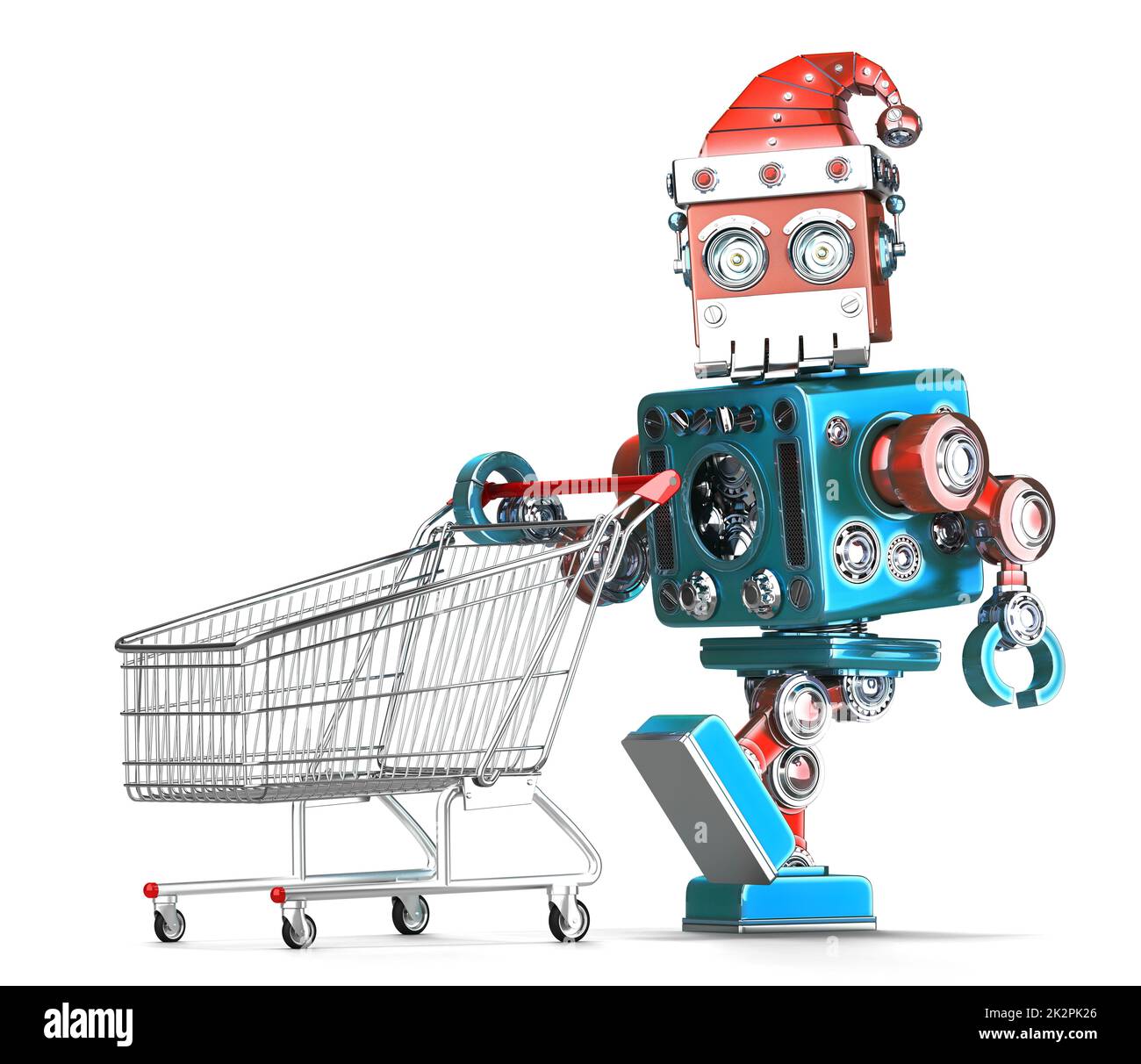 Père Noël robot vintage avec panier. Isolé. Contient un masque Banque D'Images