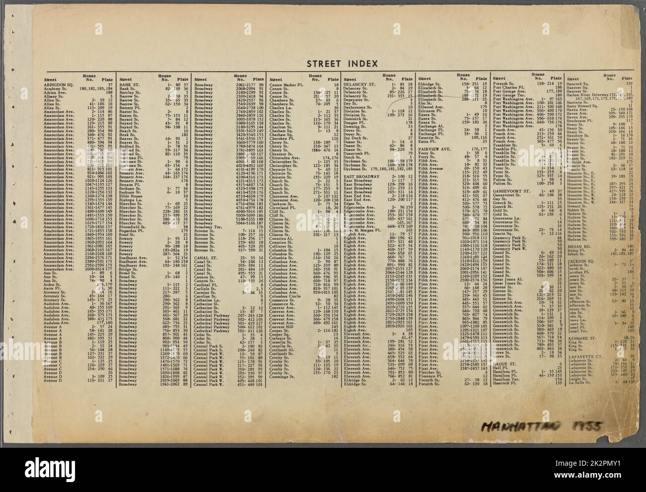 Cartographie, cartes. 1955 - 1956. Lionel Pincus et Princess Firyal Map Division. Immobilier , New York (État) , New York (New York), Manhattan (New York, New York) Index des rues : place Abingdon - rue la salle. Banque D'Images