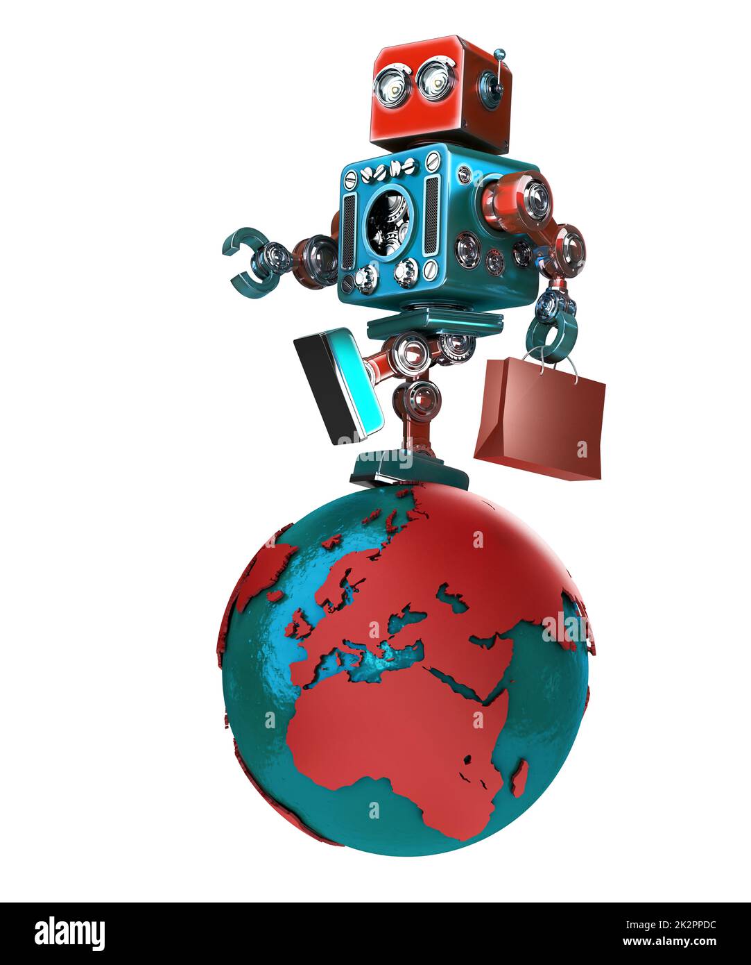 Retro Robot avec panier à pied autour du monde. Isolées. Contient clipping path Banque D'Images