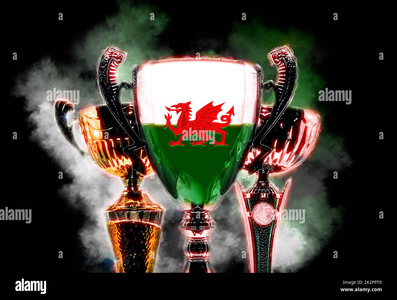 Coupe trophée texturée avec drapeau du pays de Galles. 2D Illustration numérique Banque D'Images