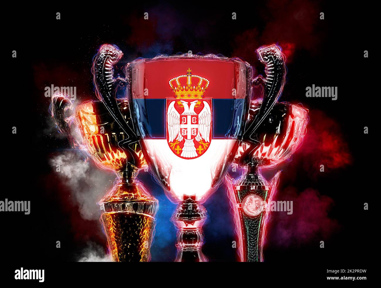 Coupe trophée texturée avec drapeau de Serbie. 2D Illustration numérique Banque D'Images