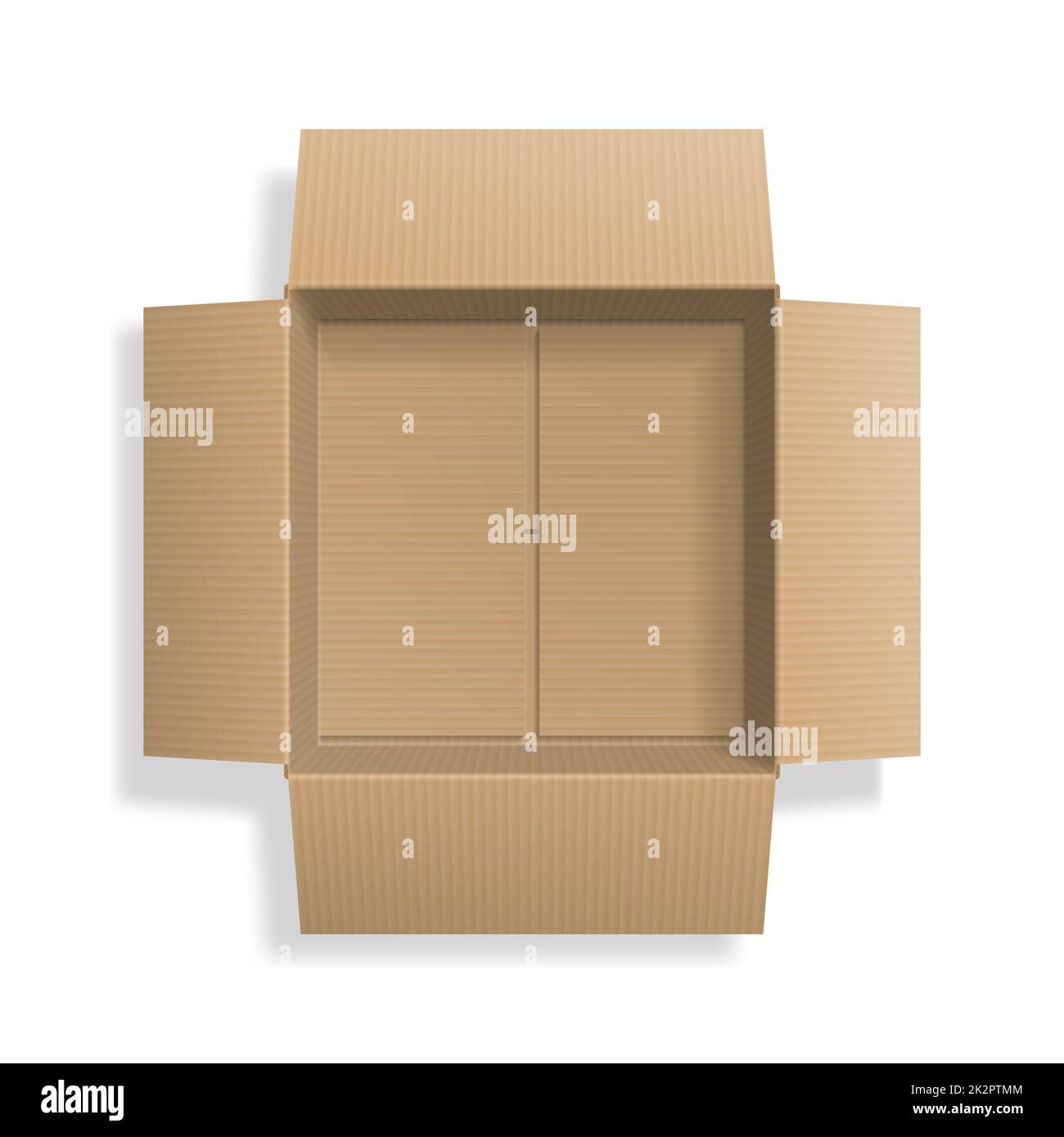 Boîte ouverte en carton réaliste, vue de dessus isolée sur fond blanc Banque D'Images Boîte ouverte en carton réaliste, vue de dessus isolée sur fond blanc Banque D'Images