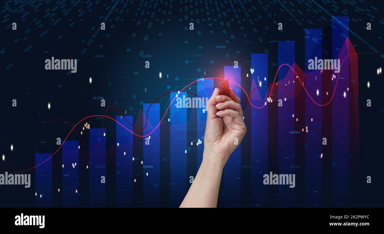 Graphique holographique avec taux et indicateurs de hausse. Concept de croissance de l'entreprise, rentabilité élevée, démarrage réussi. La croissance du taux de change Banque D'Images