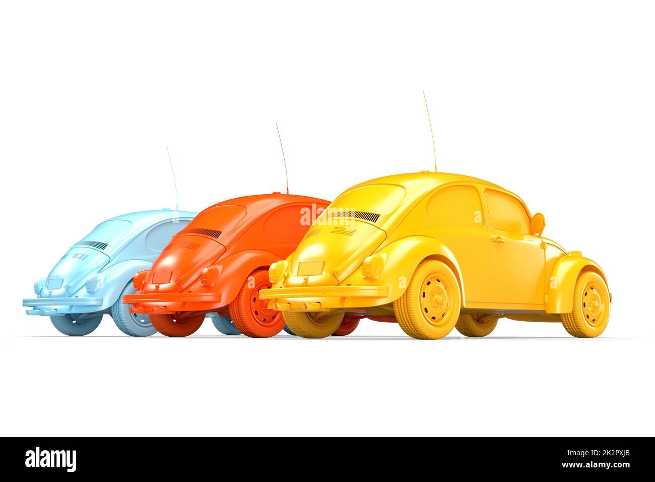 Vue arrière de trois voitures de couleur vintage. Illustration 3D Banque D'Images