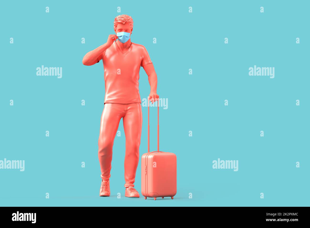 Touriste dans une valise de port de masque médical. Concept de voyage en cas de pandémie. Rendu 3D Banque D'Images