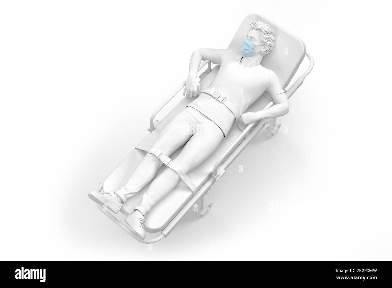 Homme sur le gurney dans un masque médical de protection. Rendu 3D Banque D'Images