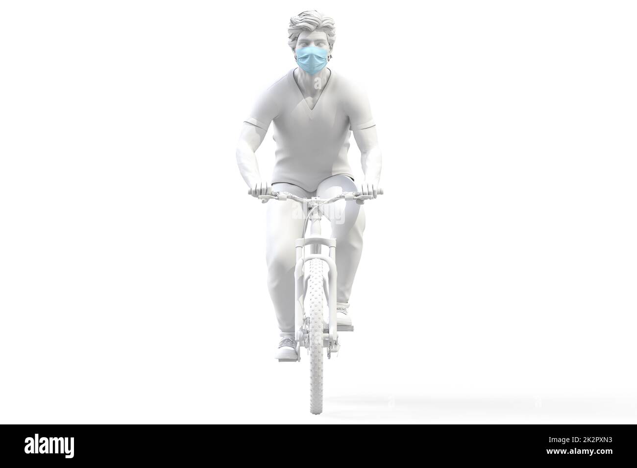 Vue avant d'un homme portant un masque médical de protection sur une bicyclette. Rendu 3D Banque D'Images