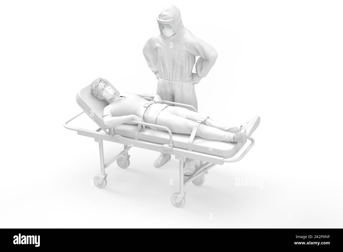 Paramédic dans la salle de protection et patient sur le brancard. Illustration 3D Banque D'Images