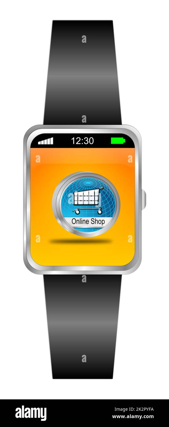 Montre intelligente avec bouton bleu en ligne Shop sur écran orange - illustration 3D Banque D'Images Montre intelligente avec bouton bleu en ligne Shop sur écran orange - illustration 3D Banque D'Images