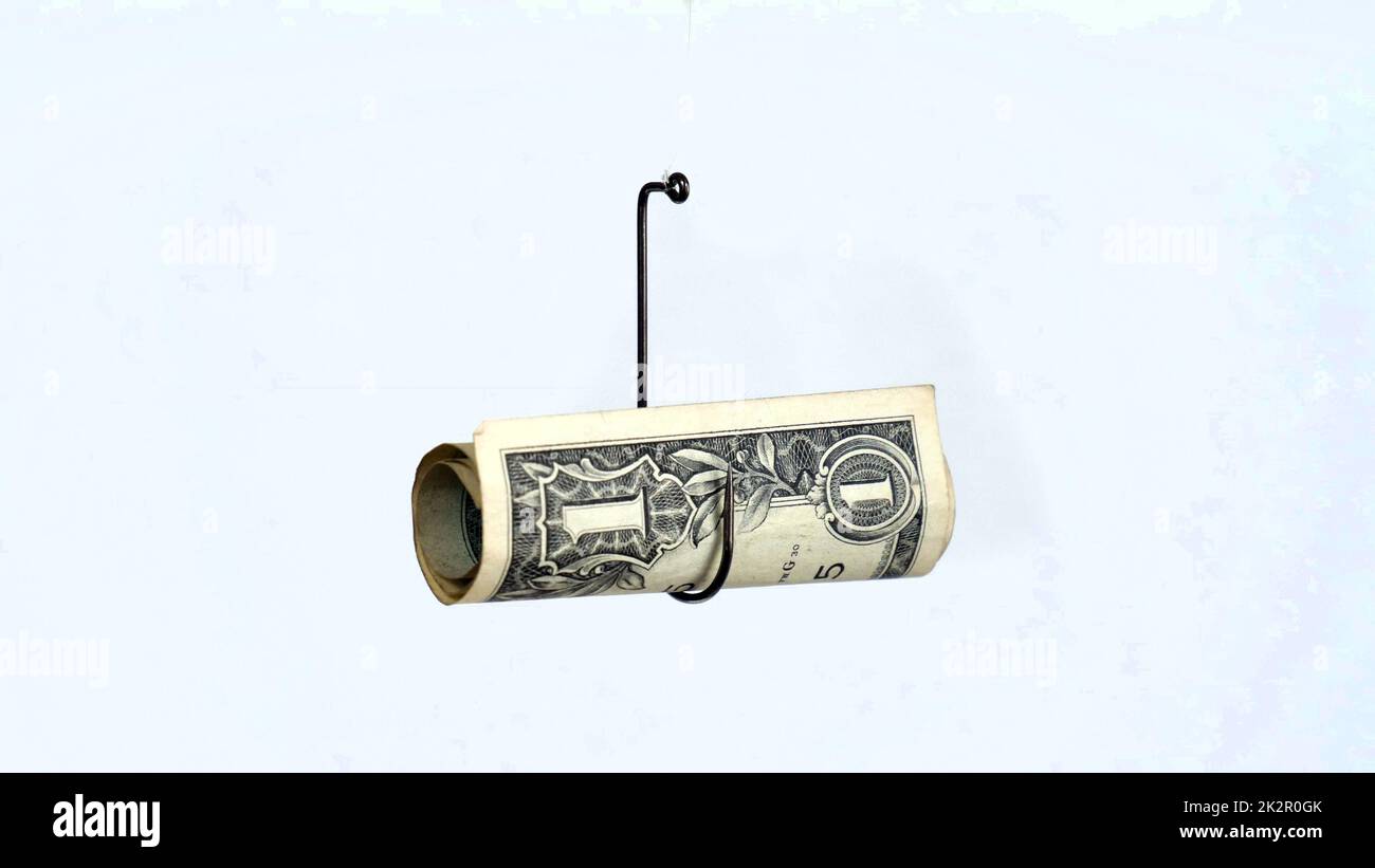 Dollar sur un crochet de pêche isolé sur fond blanc Banque D'Images