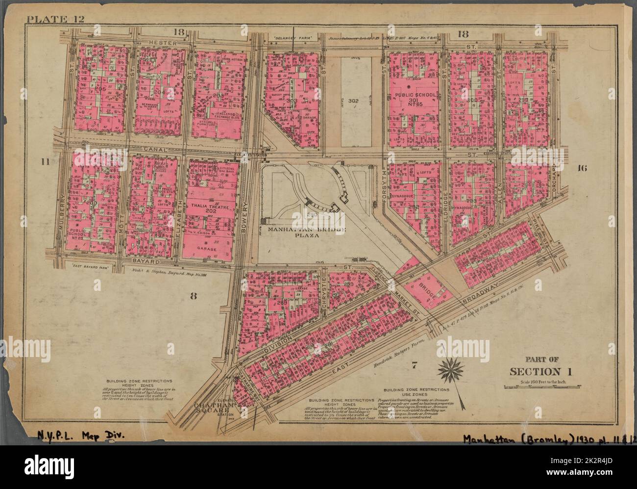 Cartographie, cartes. 1930. Lionel Pincus et Princess Firyal Map Division. Immobilier , New York (État) , New York, Manhattan (New York, New York) Plaque 12, partie de la section 1 : délimitée par la rue Hester, la rue Orchard, la rue Division, la rue Pike, East Broadway, Chatham Square, Bowery, Bayard Street et Mulberry Street Banque D'Images