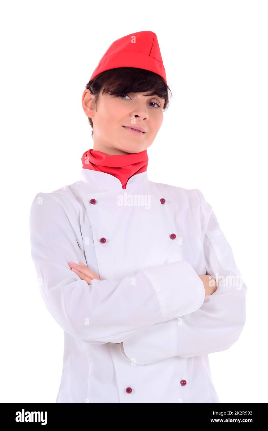 Portrait d'un cuisinier en vêtements de chef sur fond blanc Banque D'Images