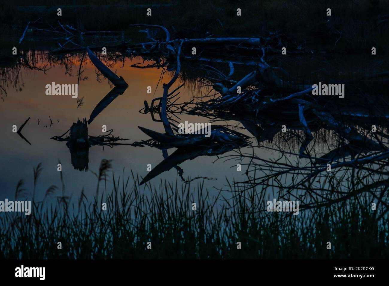 Déchets et usine reflétés dans la soirée et l'eau Banque D'Images