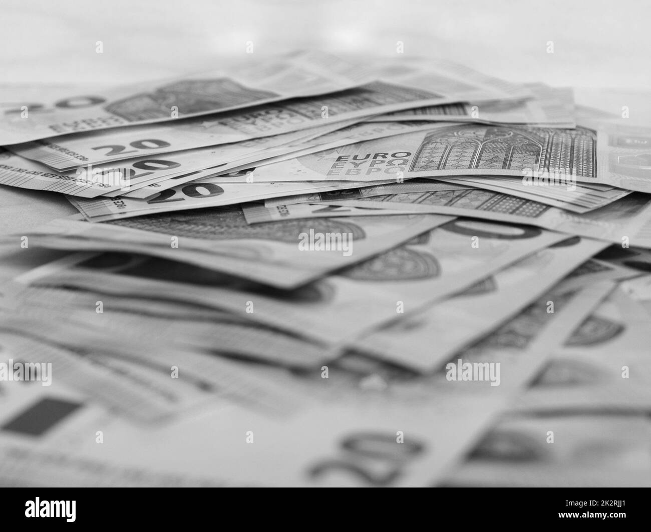 Billets et pièces en euros, Union européenne en noir et blanc Banque D'Images