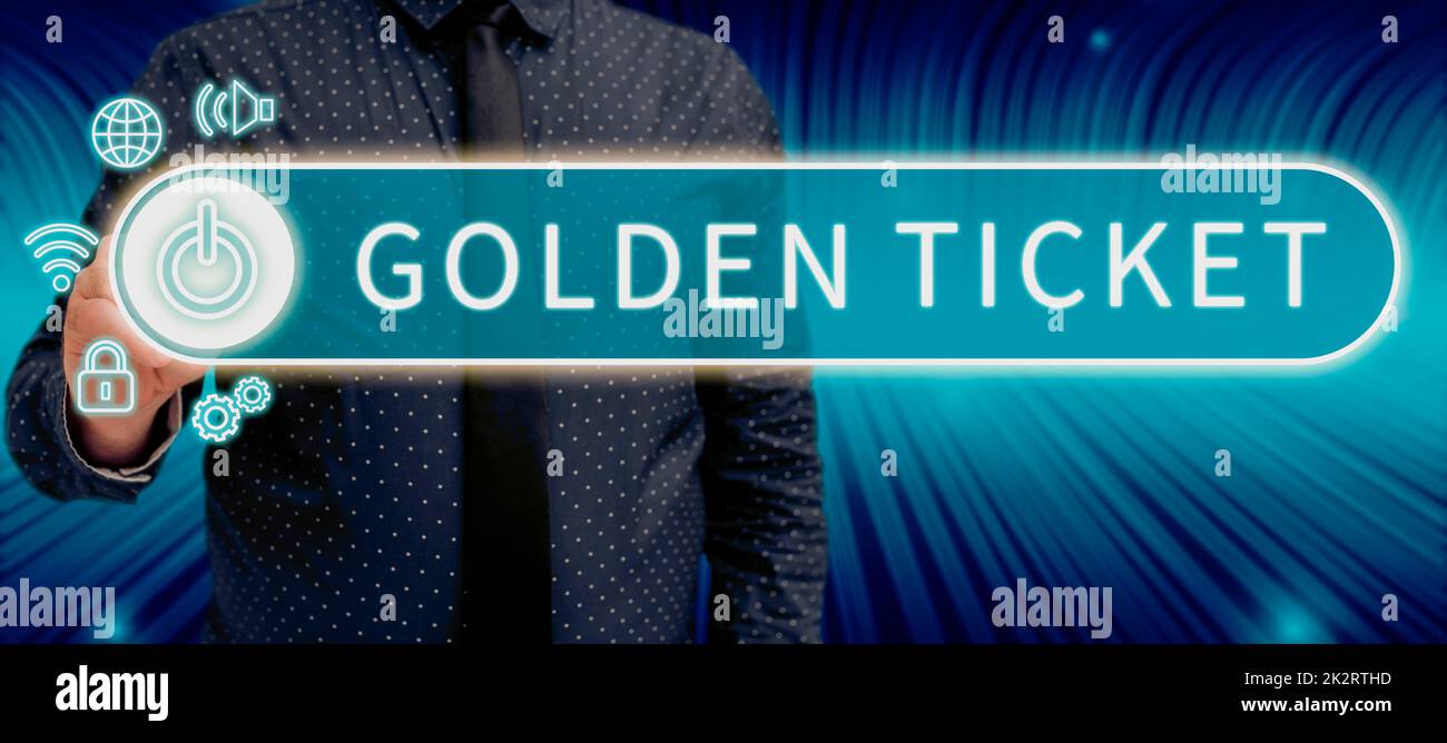 Légende du texte présentant le Golden Ticket. Aperçu de l'entreprise accès aux bons de réduction différée Passeport VIP Box Siège de bureau Banque D'Images