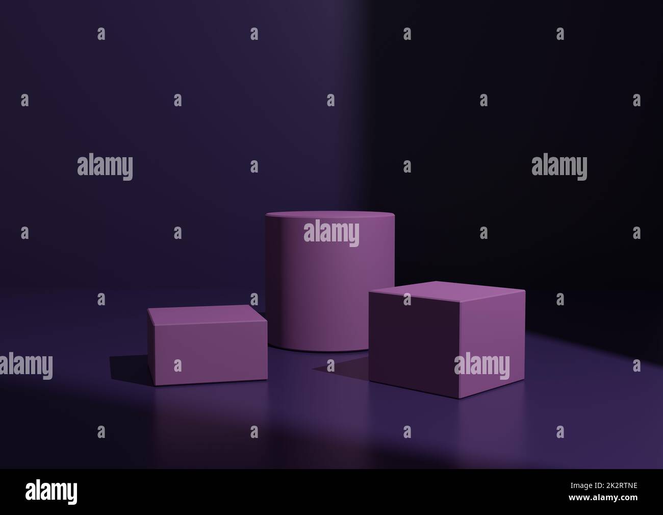 Simple minimaliste violet foncé trois Podium ou composition du support pour l'affichage du produit. Forme géométrique 3D rendu de l'arrière-plan avec lumière de la fenêtre du côté droit. Banque D'Images