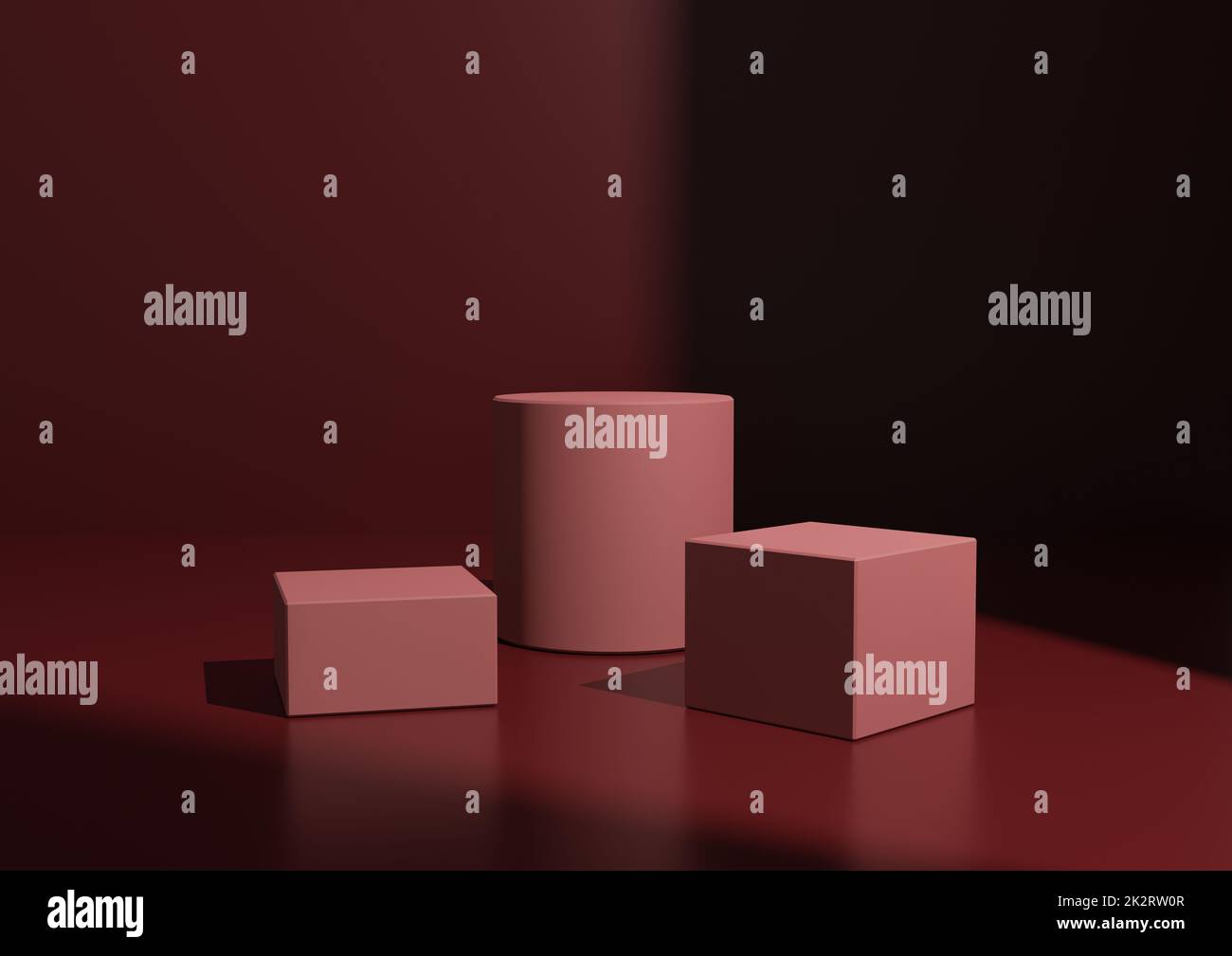Composition simple de trois podiums ou de support rouge bordeaux minimal pour l'affichage des produits. Forme géométrique 3D rendu de l'arrière-plan avec lumière de la fenêtre du côté droit. Banque D'Images