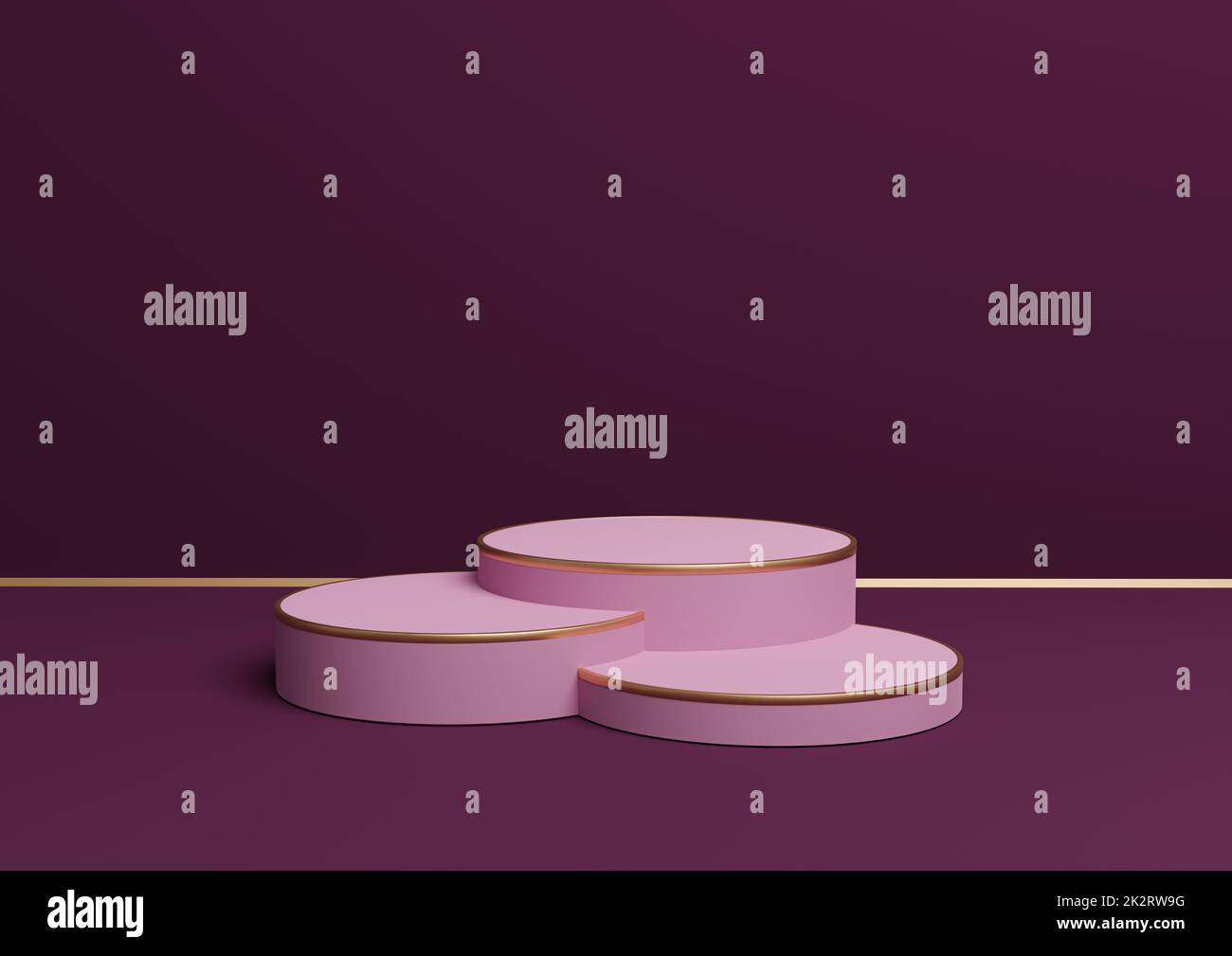 Magenta foncé, violet 3D rendant simple affichage de produit avec trois podiums ou support avec ligne dorée composition minimale de fond pour les produits de luxe Banque D'Images