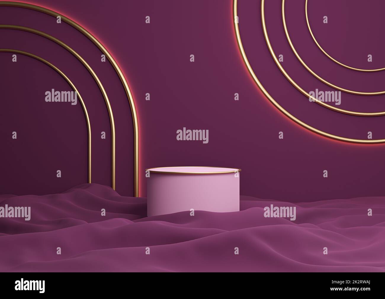 Magenta foncé, violet 3D rendant luxueux produit affiche cylindre podium ou stand avec des lignes dorées composition minimale avec une voûte lumineuse géométrique brillant Banque D'Images