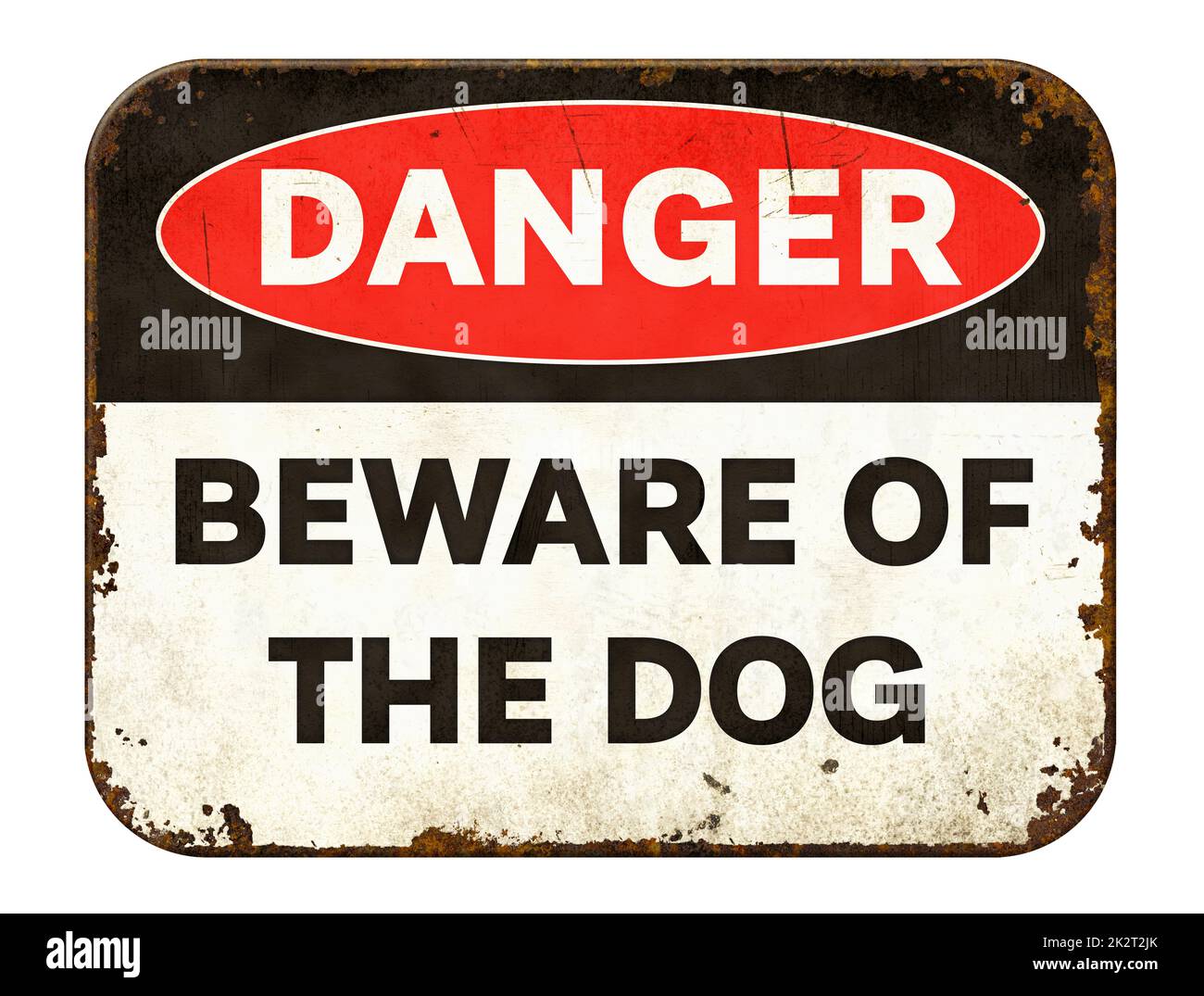 Vintage étain danger signe sur un fond blanc - attention du chien Banque D'Images