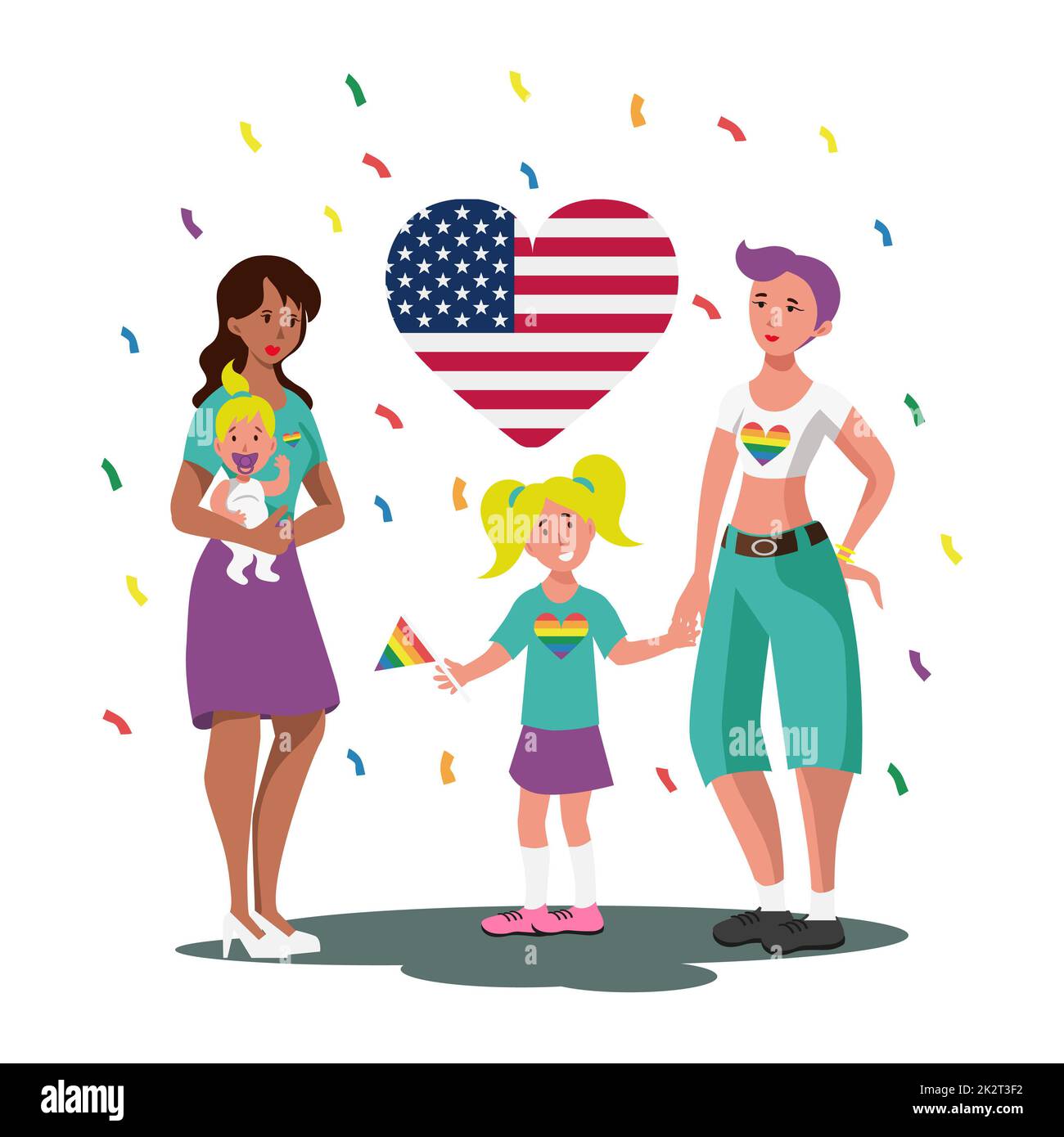 Famille LGBT de même sexe deux femmes avec deux filles fond blanc - Vector Banque D'Images