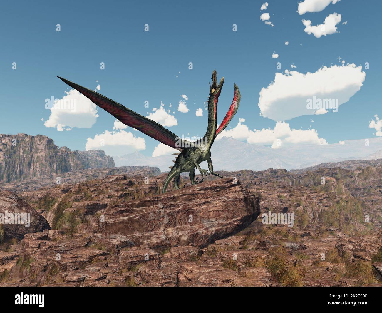 Dragon sur un rocher dans un paysage de montagne Banque D'Images